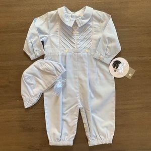 New Sarah Louise Baby Boys Blue Chevron Long Romper and Cap